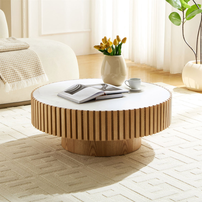 Table basse cylindrique de 35,43 po, Oak, Blanc