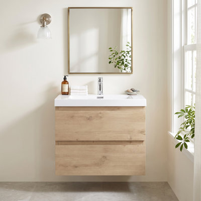 Meuble-lavabo mural en mélamine de bois de 24 po, aspect bois naturel, résistant à l'usure, aux égratignures et à la porosité, surface facile à nettoyer, préassemblé