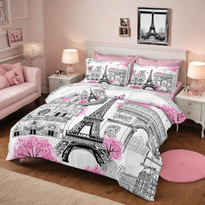 Pink Paris Comforter Set with Sheets - 8 Piece Romantic Eiffel Tower French Style Bedding -King Size Bed in a Bag- Pink Cherry Blossom Floral Comforter Bed Set 1 Comforter 4 Pillowcases 1 Flat Sheet 1 Fitted Sheet 1 Cushion Cover