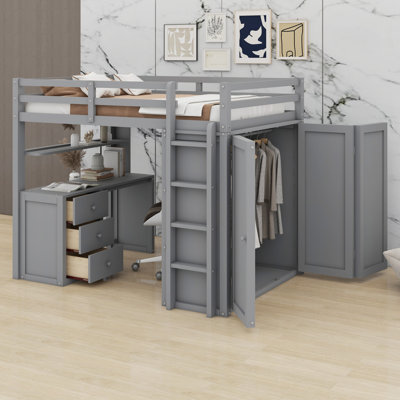 Lit mezzanine avec tiroirs, bureau et garde-robe
