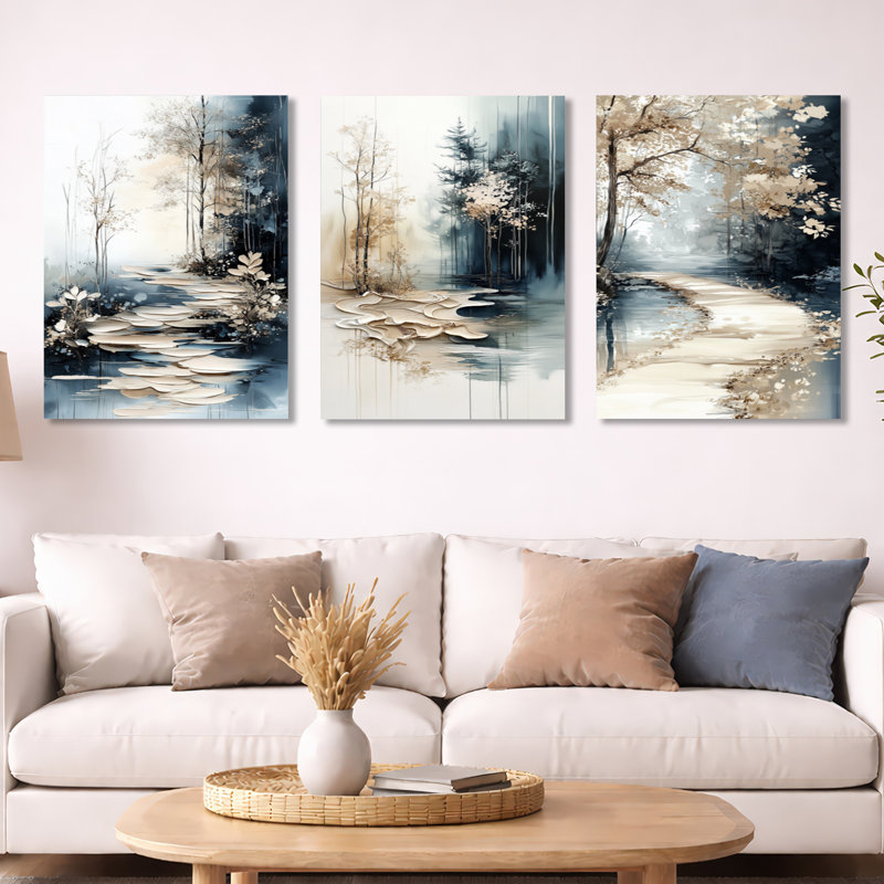 «Woodtrail Fall Lake Path - Lake», ensemble d'art mural sur toile, H 32 po x l 72 po, Toile tendue