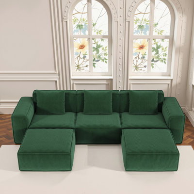 Modulaire de 118 pouces avec fonction de conversion flexible, tissu velours en velours côtelé doux, trois sièges et deux repose-pieds, mousse haute rebond, convient à 3 adultes + 2, sans assemblage, convient aux petits appartements