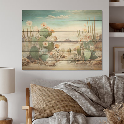 Collage de cactus sur la plage - Art mural en bois de cactus sur bois de pin naturel