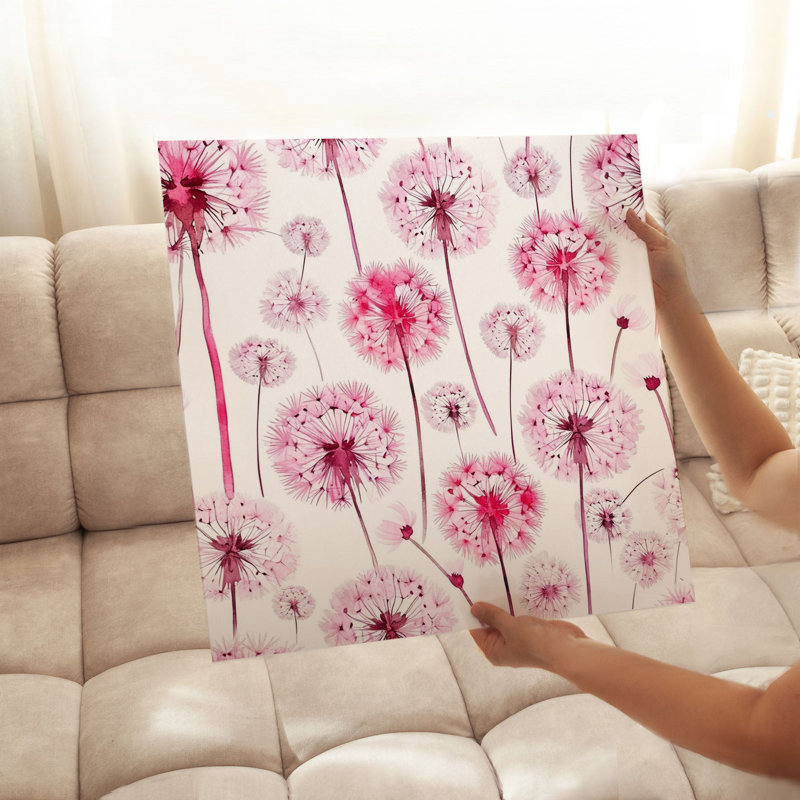 «Botanical Pink Dandelions VII», reproduction d'art moderne sans cadre, H 14 po x l 14 po