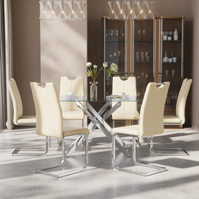Ensemble de table de salle à manger 51 pouces en verre, ensemble de table de cuisine moderne avec chaise rembourrée en cuir polyuréthane à haut dossier pour la salle à manger de cuisine