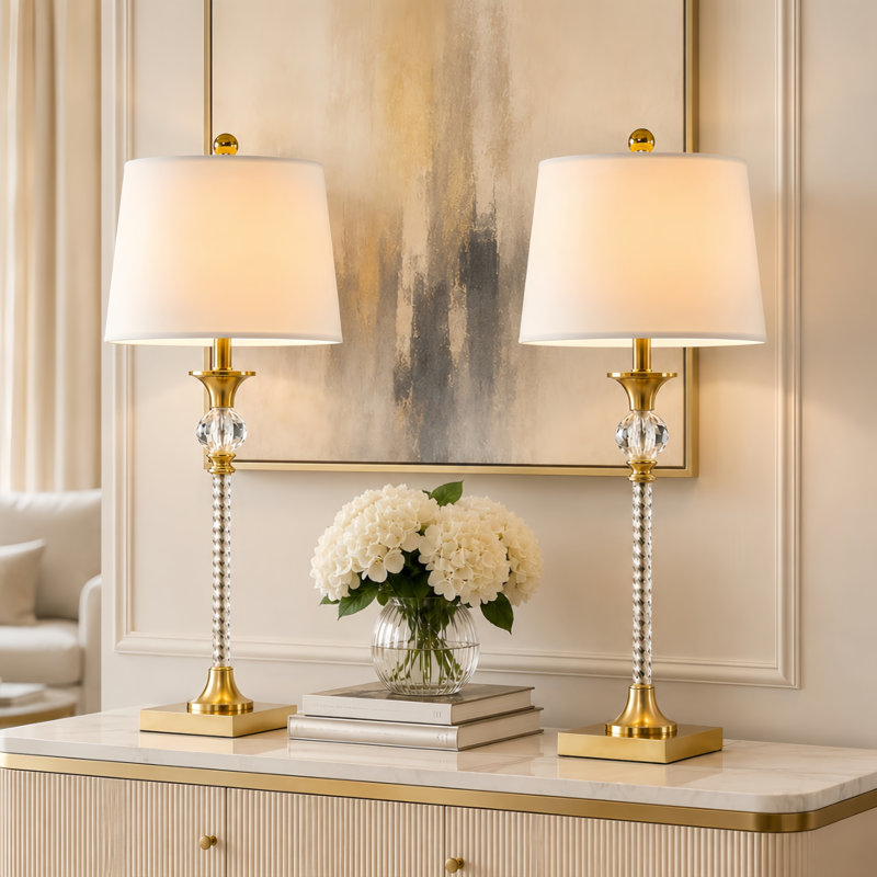 Lampe de table moderne en métal et cristal 29,5 "avec abat-jour en lin Glam