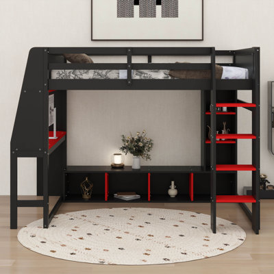 Full Gaming Loft Bed With Desk And LED Lights, Multi-Storage Shelves