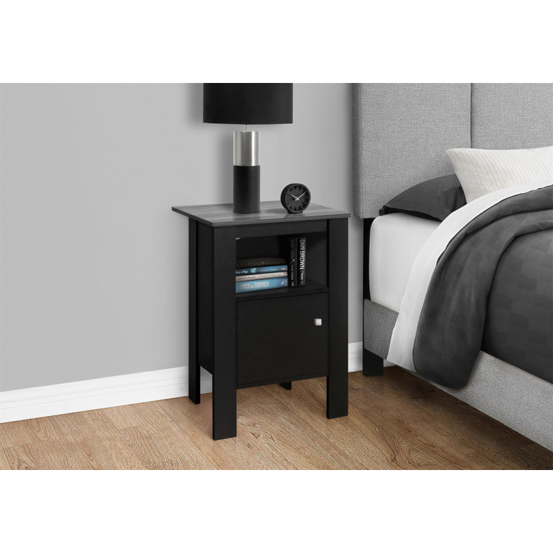 Table d'appoint, côté, bout, table de chevet, lampe, rangement, salon, chambre à coucher, stratifié noir et gris, transitionnel