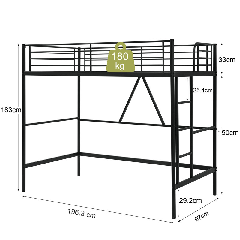Metal Single Size Loft Bed, Metal Bed Frame with Removable Ladder and Safety Guardrail, Space Saving, Black
