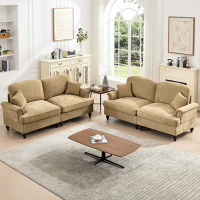 Comfortable Modular Couch In Coffee, Featuring Silver Thread Chenille, Spindle Legs, And Different Configurations Coffee With Flared Arms, Flower - Shaped Backrests, High Density Foam Padding