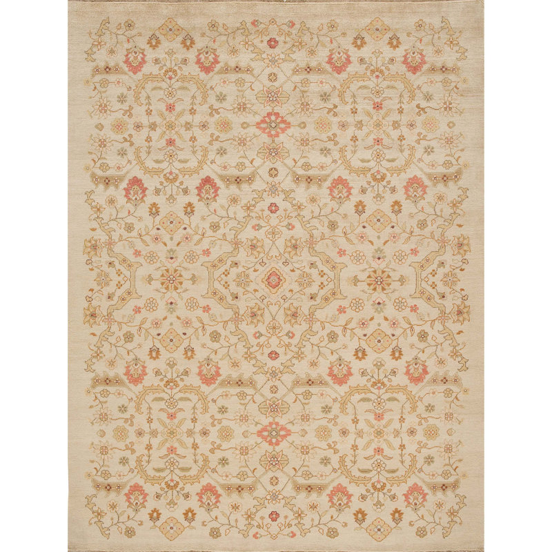 Wool Floral Area Rug in Tan/Red/Green, Rectangle 11' x 18'