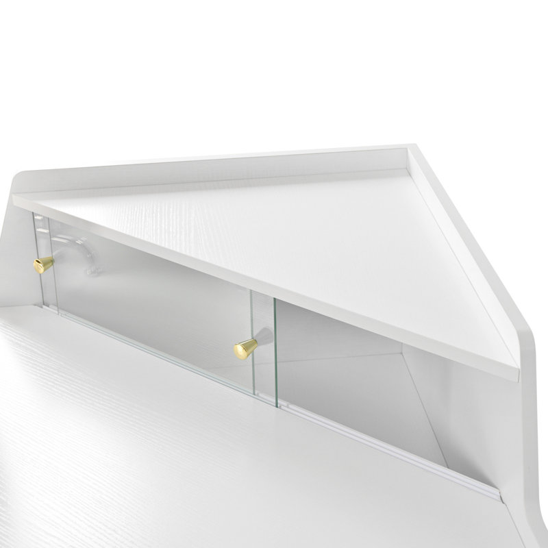 Corner Makeup Vanity Desk With Mirror & LED Lights, Modern Vanity Set With Mirror And Stool, Dressing Table With Large Storage For Small Place, Brightness Adjustable Folding Mirror, White
