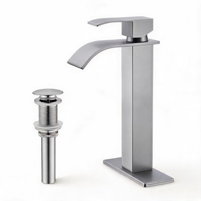 Robinet de lavabo pour salle de bain à poignée simple en nickel brossé avec bonde escamotable