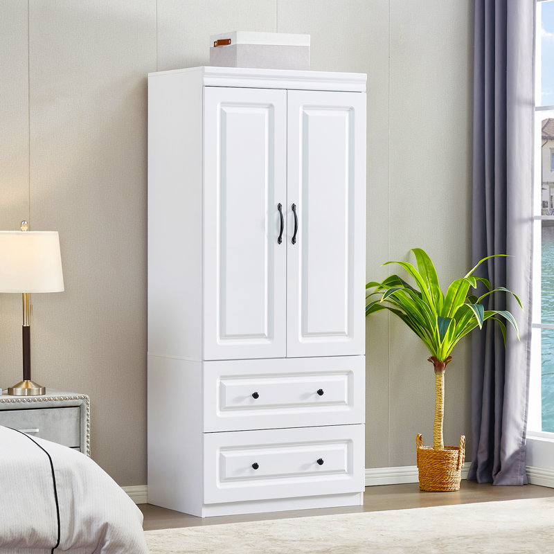 Garde-robe blanc avec portes à fermeture douce et 2 tiroirs Abbottsville | Armoire de chambre à coucher, conception peu encombrante (H 70,87 po)