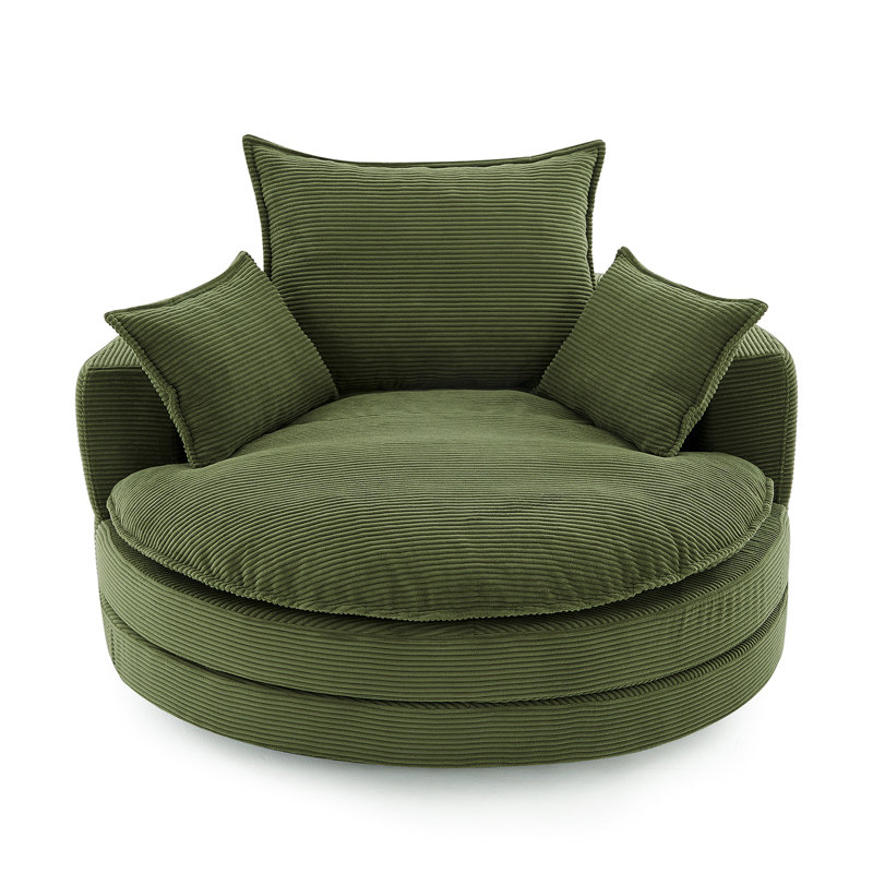 57.5" W Oversized Corduroy Upholstered 360° Swivel Round Accent Barrel Chair, Green