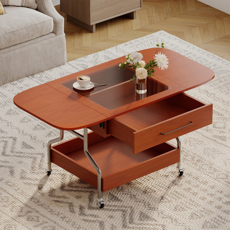 Table basse moderne avec roulettes, table basse pliante avec 1 tiroir et 2 niveaux de rangement, table basse à cadre en métal pour le salon