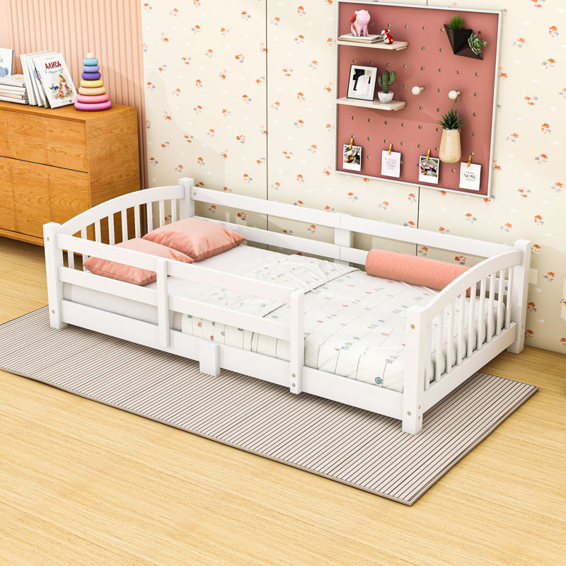 Wood Montessori Floor Bed with Guardrails and Slat Support, Twin, White