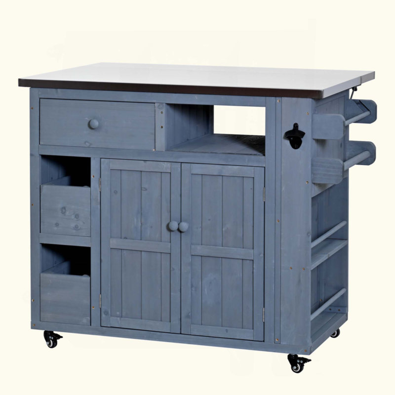 Îlot de cuisine d'extérieur en bois massif d'extérieur, table de gril supérieure en acier inoxydable avec support à épices latéral, chariot de cuisine avec tiroirs, armoire de rangement pour la cour arrière, barbecue, fête