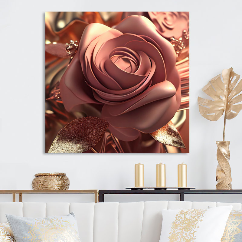 Or liquide et fleurs modernes roses V - Fleurs modernes liquides V - reproduction sur toile, H 24 po x l 24 po x P 1 po