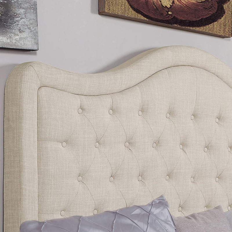 Structure de lit rembourrée en tissu avec tête de lit réglable, support à lattes de bois, lit plateforme capitonné, Beige