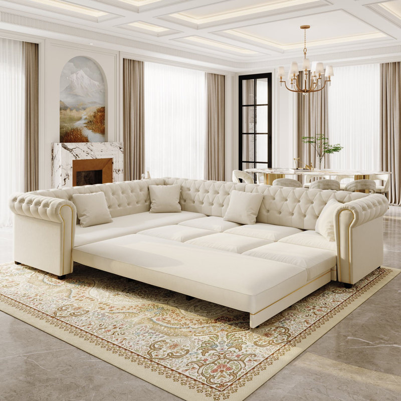 Canapé-lit d'angle convertible en forme de L de 115,3 pouces avec lit gigogne, capitonnage en velours à boutons, Beige