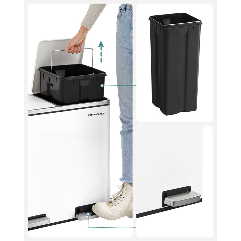 Recycling Bin, Double Trash Can, 2 X 24L, With 2 Compartments, Soft-Close Lids, Pedals, Plastic Inner Buckets And Carry Handles