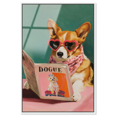"Corgi and Her", impression murale rose encadrée par Art Remedy, cadre blanc, 16 x 24