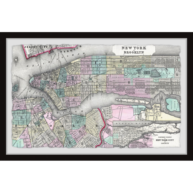«Colored Brooklyn Map» - Reproduction encadrée sur papier, H 30 po x l 20 po x P 1,5 po