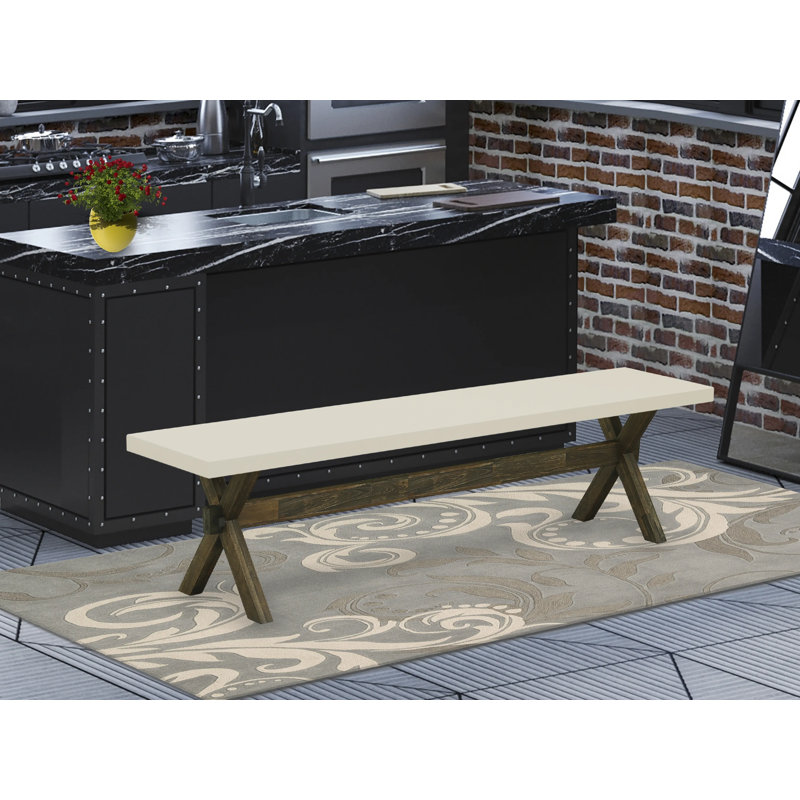 X-Style Modern Dining Bench with Solid Wood Seat, Distressed Jacobean Finish., 18" H x 15" W x 72" D, Linen White/Brown