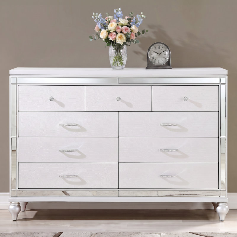 Denard Upholstered Standard 4 Piece Bedroom Set, White, Full/Double, 4 Pcs: Bed, Nightstand, Dresser, Mirror