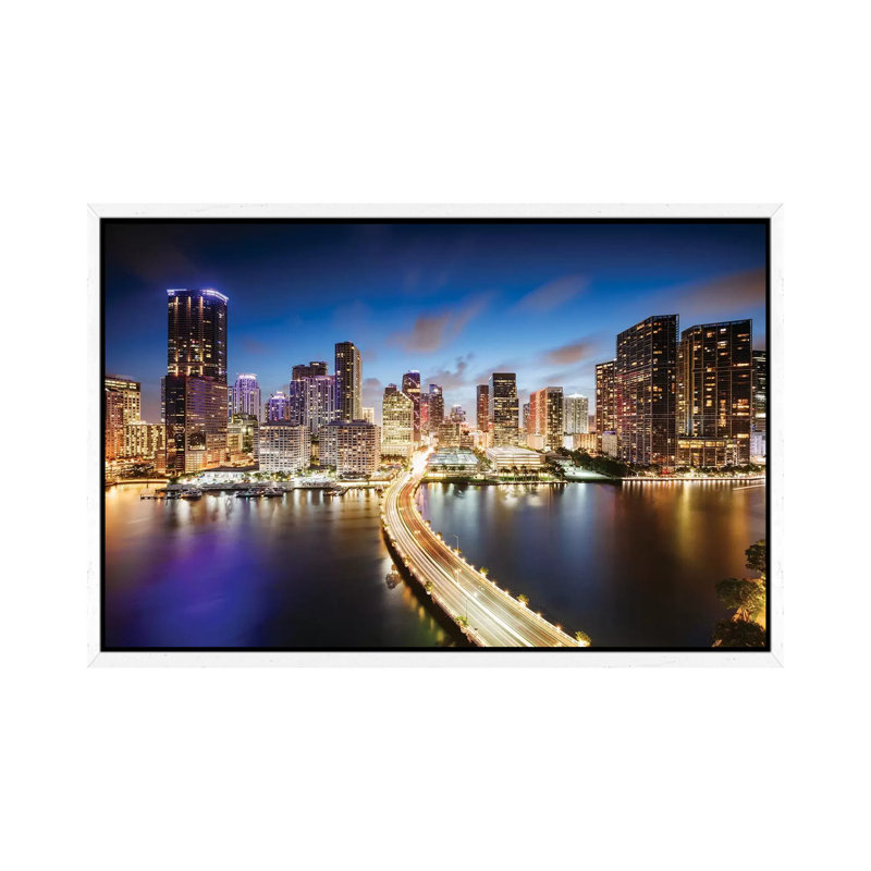 Miami Skyline At Night I by Matteo Colombo - Painting on Canvas, White Framed, 152.5 cm H x 101.5 cm W