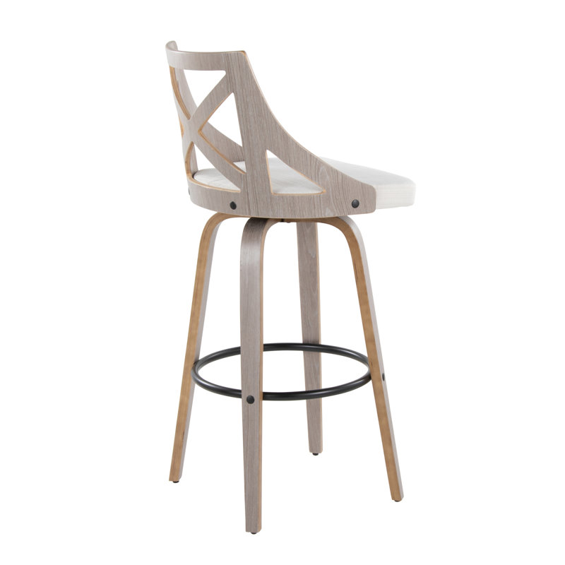 Charlotte 30" Farmhouse Fixed-Height Barstool With Swivel In Light Grey Wood And Cream Noise Fabric With Round Black Metal Footrest By Lumisource - Set Of 2