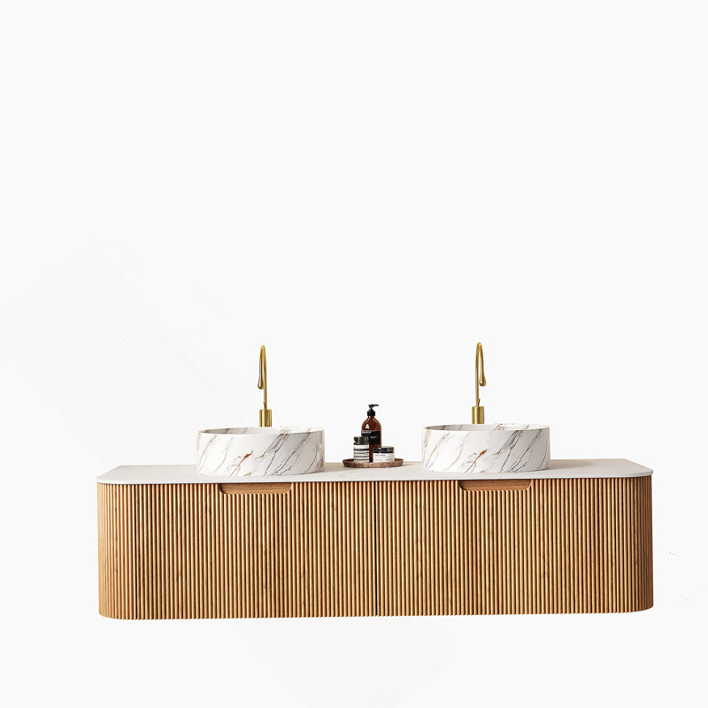 Meuble-lavabo de salle de bain 60 po avec lavabos, 2 tiroirs, 2 lavabos en céramique avec motif de pierre, pré-assemblé, couleur de grain de bois naturel