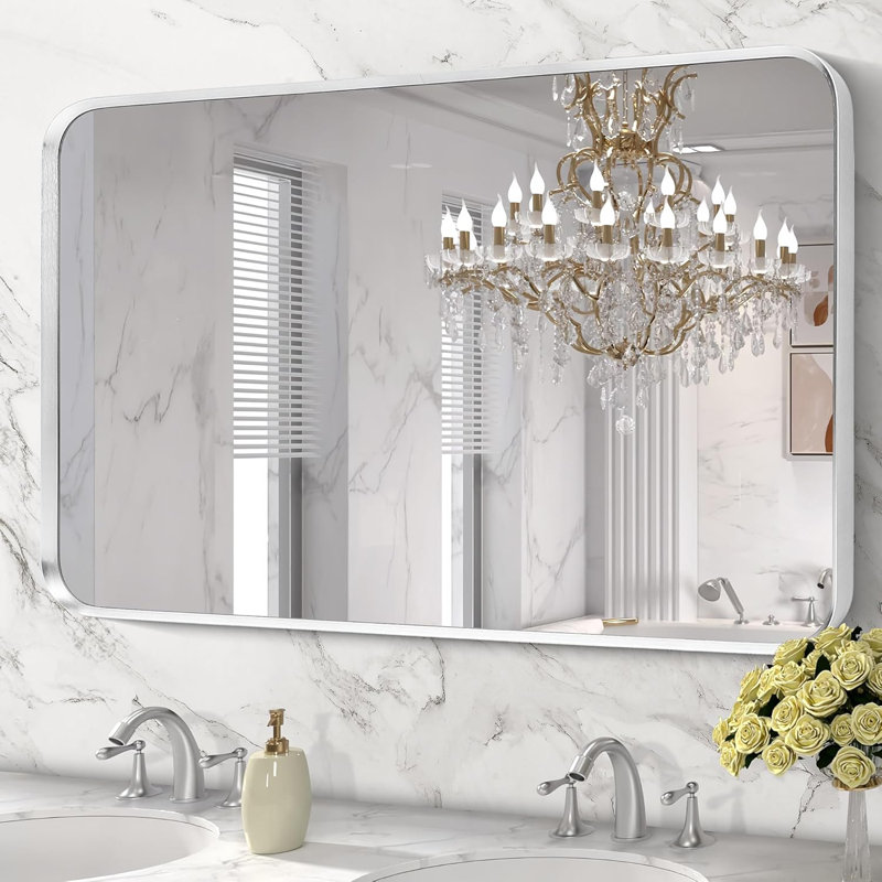 Miroir mural de salle de bain en nickel brossé, grand miroir rectangulaire de coin arrondi avec cadre en métal argenté, verre trempé, incassable, suspension horizontale ou verticale (30 po x 48 po, argent)