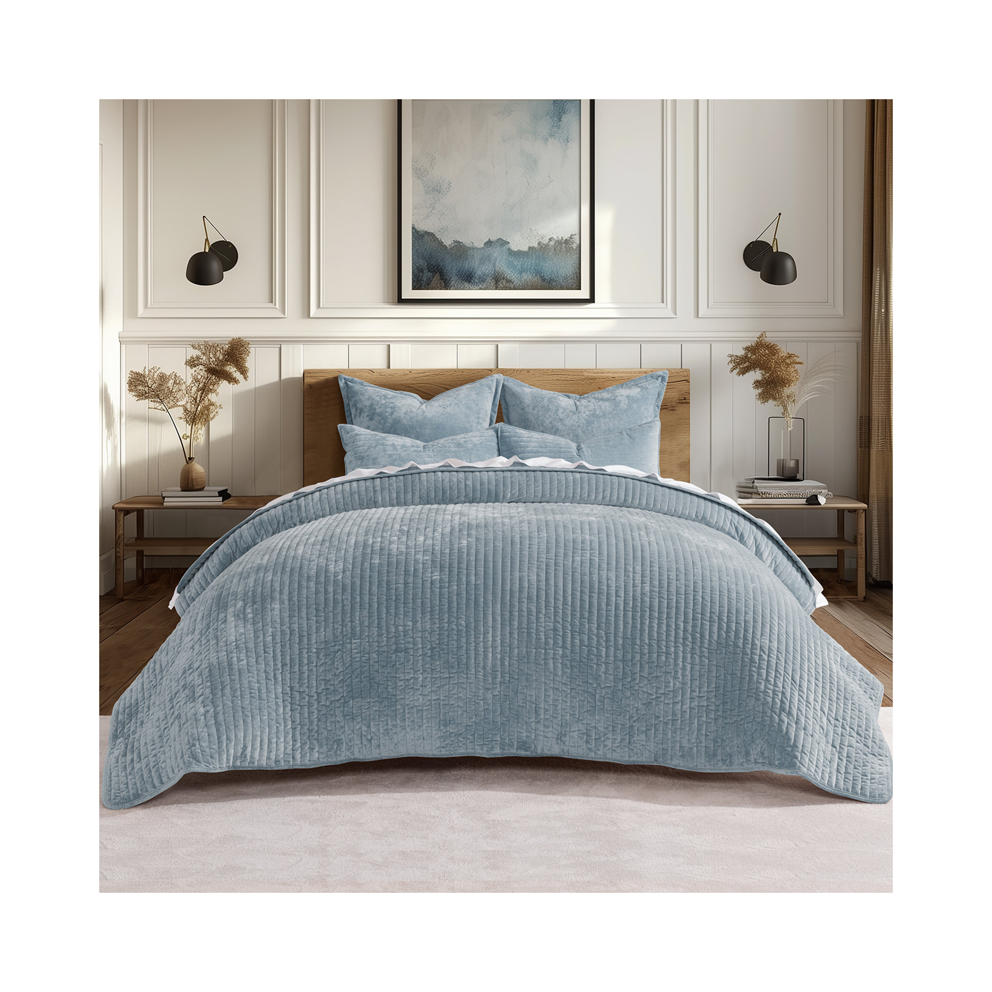Luxe Velvet Channel Quilt Set, King, Blue Linen