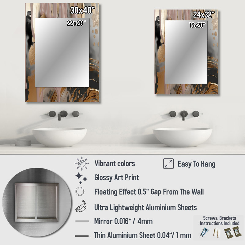 Abstract Golden and pink infinity circles II - Liquid Ink Unique Wall Mirror Decor, Modern Large Mirror, Printed Metal Art