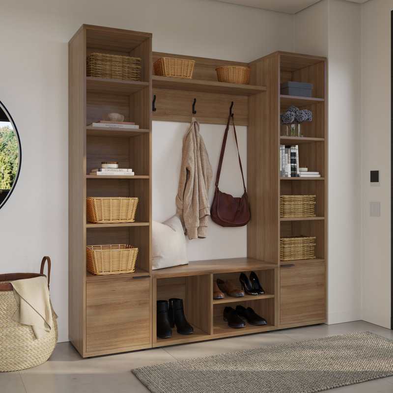 Porto Entryway Wall-Mounted Coat Rack with Shoe Storage Bench and 2 Storage Towers, Brown