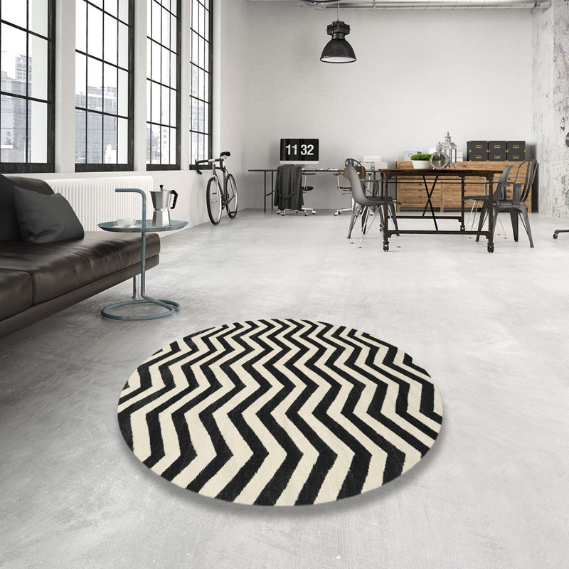 Tapis contemporain noir / blanc, Rond 5 pi