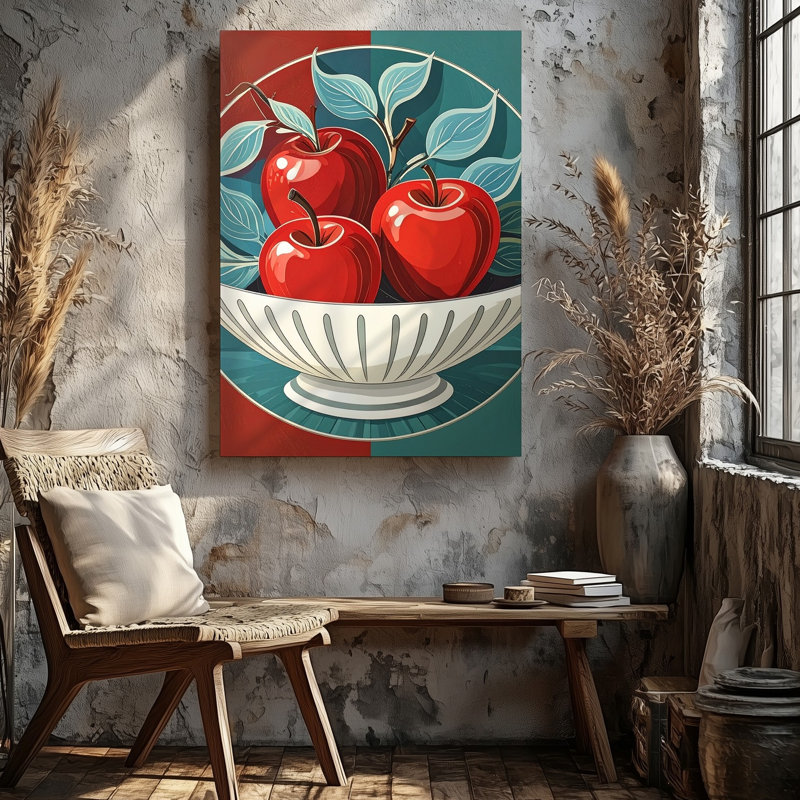 Toile, art populaire bol de pomme, décoration de fruits rouges avec feuilles bleues, art mural prêt à accrocher
