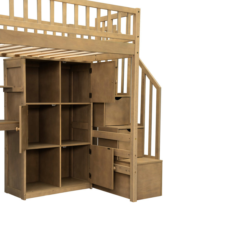 Lit mezzanine simple avec bureau, éclairage DEL, étagères et placards de rangement, construction en noyer, sans sommier, bois massif, escalier sécurisé.