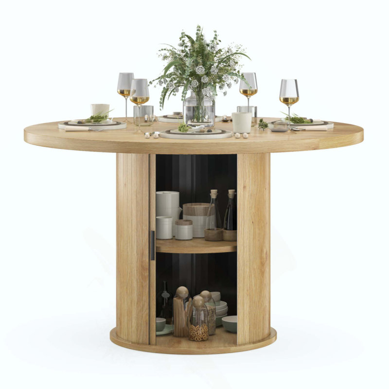 Round Dining Table For 4 People, Small Wood Kitchen Table With Sturdy Metal Base, Modern Round Dinner Table For Dining Room, Easy Assembly