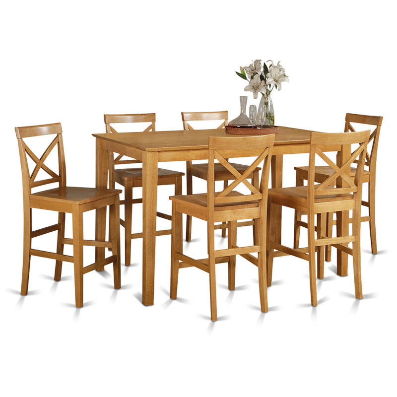 7 Piece Kitchen Counter Height Dining Table Set Consist of a Rectangle Dining Room Table and 6 Wooden Seat Chairs, Oak