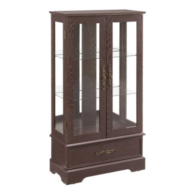 Stylish Cherry Lighted Curio Cabinet, 2 Doors 1 Drawer Adjustable Glass Shelves Bulb Included For Living Room Office Dining Room Entryway