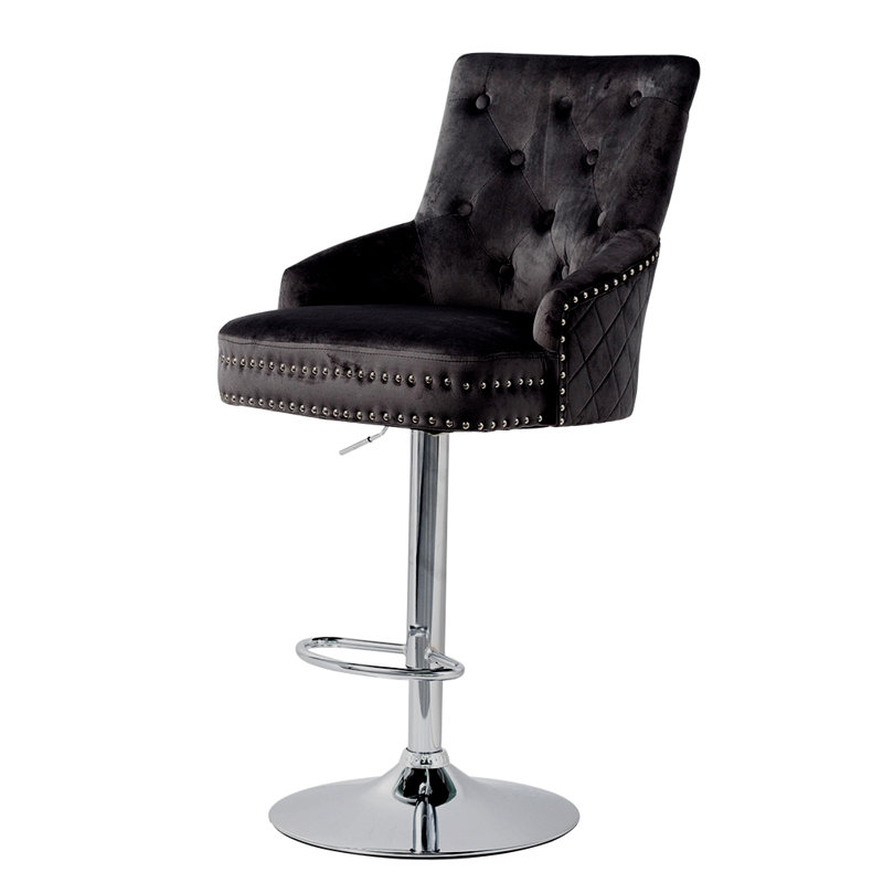 Tabouret de bar pivotant Danyelle en velours, hauteur réglable, avec accoudoirs et dossier, Black
