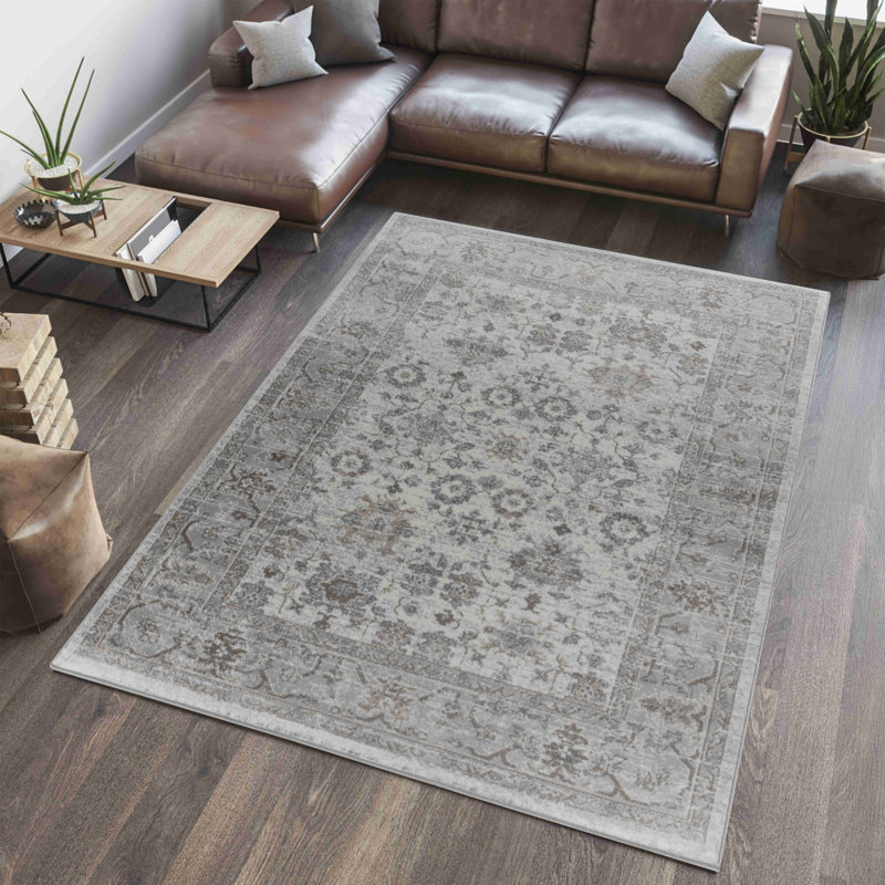 Rug Branch Hala 4' x 6' (3'11" x 5'7") Grey/Brown Oriental Floral Indoor Area Rug, Traditional, Low Pile, Stain-Resistant Carpet - Living Room, Bedroom, Dining Room, and Kitchen