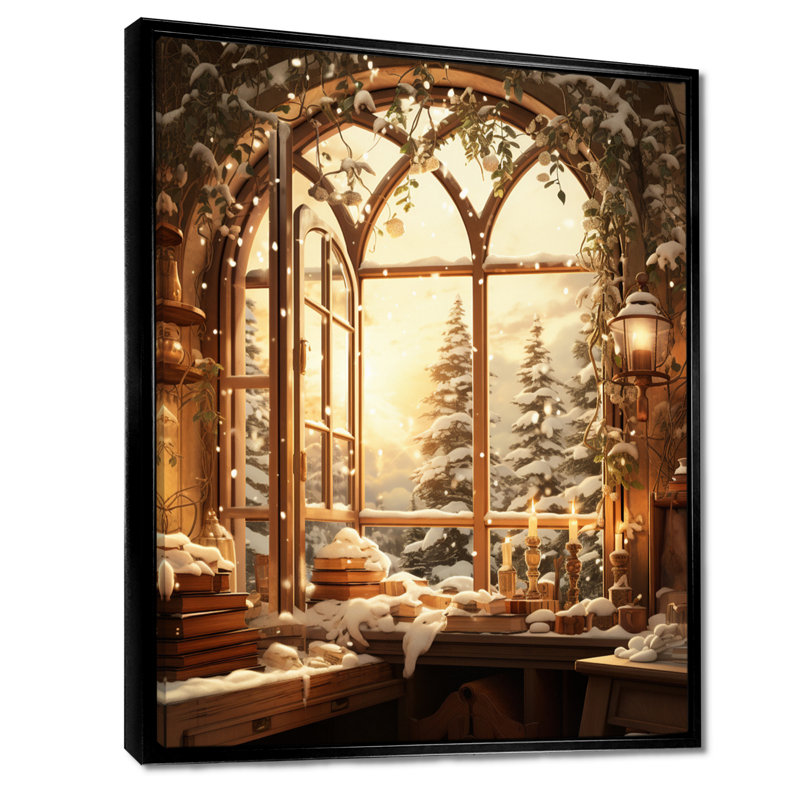 «Christmas Winter Window View I - Winter Landscape», impressions sur toile, Cadre flottant noir, H 32 po x l 16 po x P 1 po