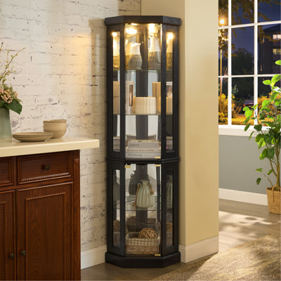 Lighted Corner Curio Cabinet - Display Case for Living Room, Antique Collectibles, Wine & Bar Glass Storage - Elegant Corner Design with Lights Included