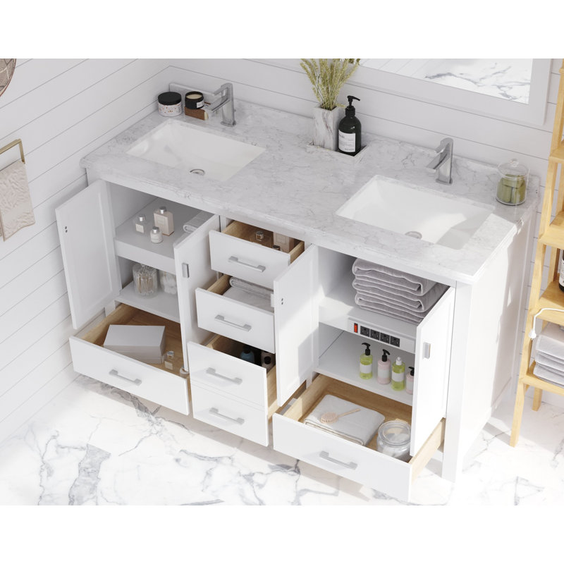Ensemble de meuble-lavabo double 60 po Mariário, Blanc, Marbre de Carrare blanc