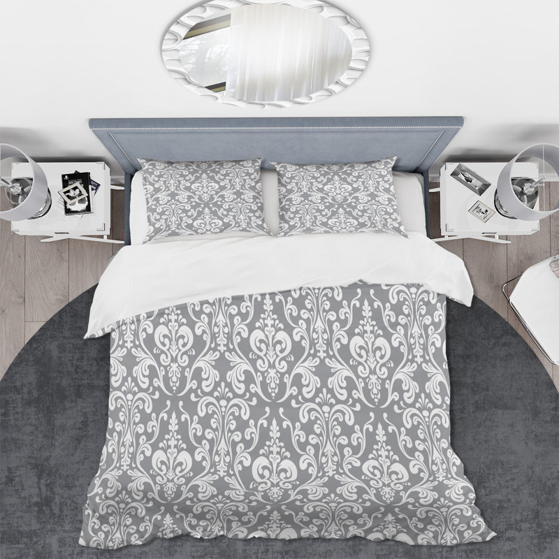 Ensemble de housse de couette moderne gris et blanc en damas gris et blanc, Housse de couette très grand + 2 très grandes ta