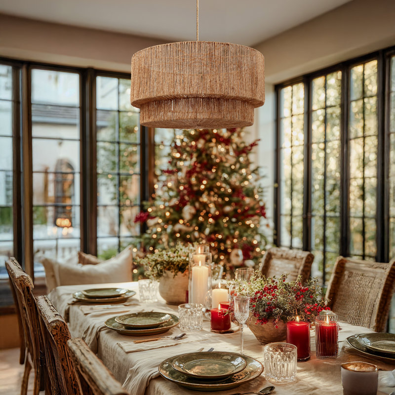 Luminous Rattan Pendant Light - Natural Drum 1-Light Polished Handwoven Dimmable Hanging Light For Kitchen Island, Kitchen, Dining Room, Living Room, Bedroom, Hallway or Covered Patio in Modern, Farmhouse & Boho Style